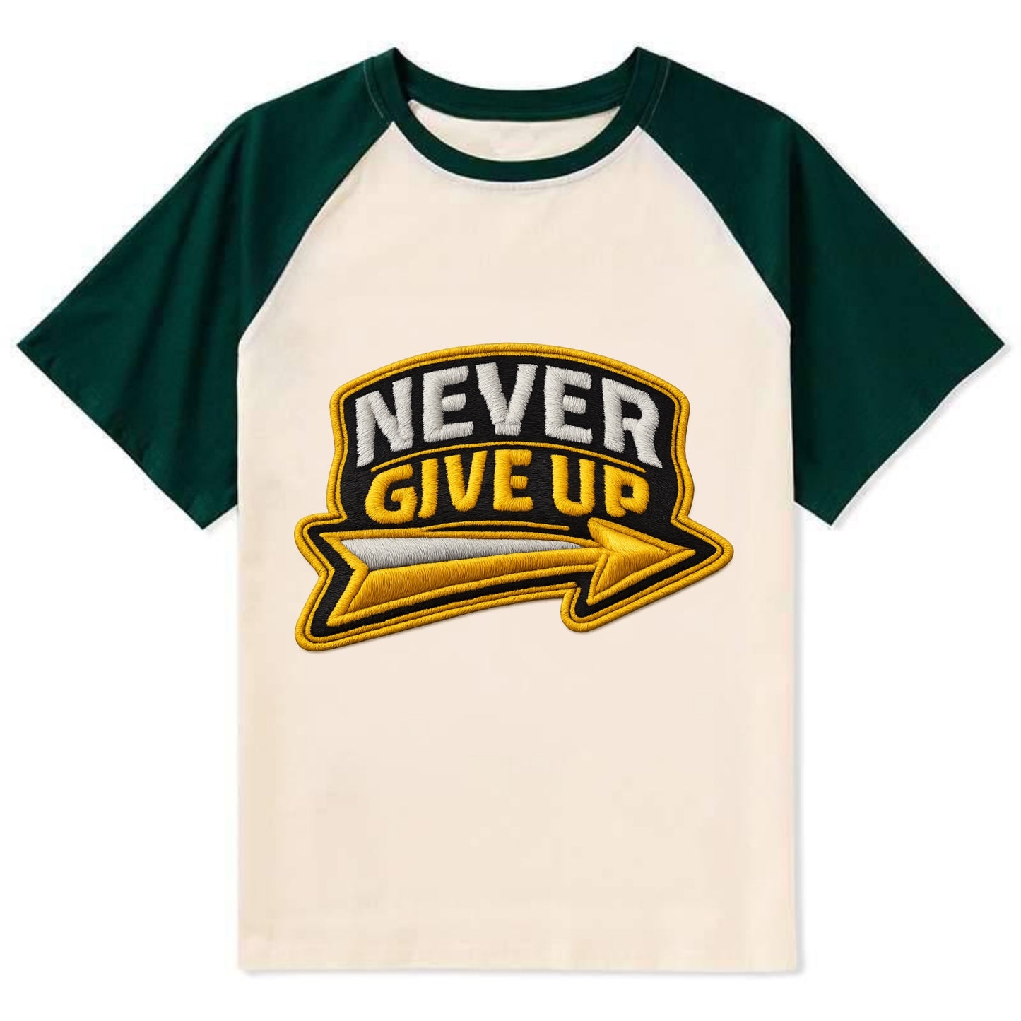NEVER GIVE UP - bold text with arrow in gold , determination - Contrast Raglan T-shirt - Green