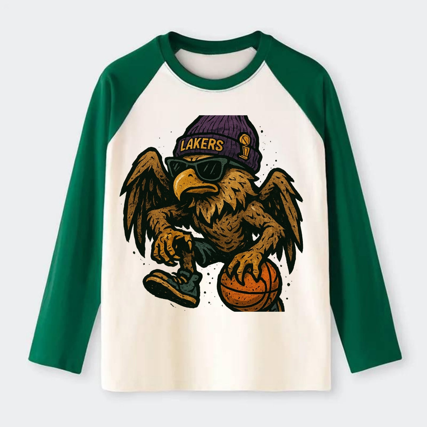 Los Angeles Golden Eagle wearing Lakers beanie with trophy patch and - Raglan Long Sleeve T-Shirt - Green