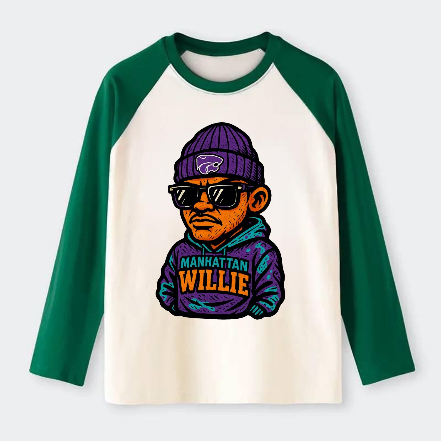Manhattan Willie wearing Kansas State beanie with powercat patch - Raglan Long Sleeve T-Shirt - Green
