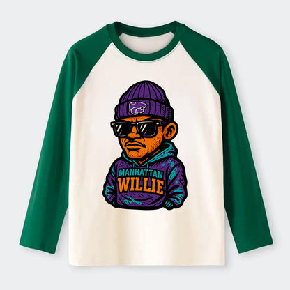 Manhattan Willie wearing Kansas State beanie with powercat patch - Raglan Long Sleeve T-Shirt - Green