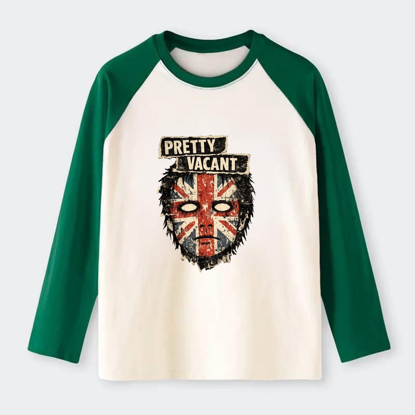 PRETTY VACANT | Blank stare Union Jack face | Empty expression | Punk - Raglan Long Sleeve T-Shirt - Green