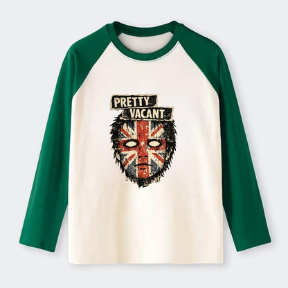 PRETTY VACANT | Blank stare Union Jack face | Empty expression | Punk - Raglan Long Sleeve T-Shirt - Green