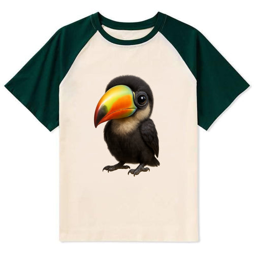 Baby Toucan - oversized colorful beak, black feathers, bright eyes, - Contrast Raglan T-shirt