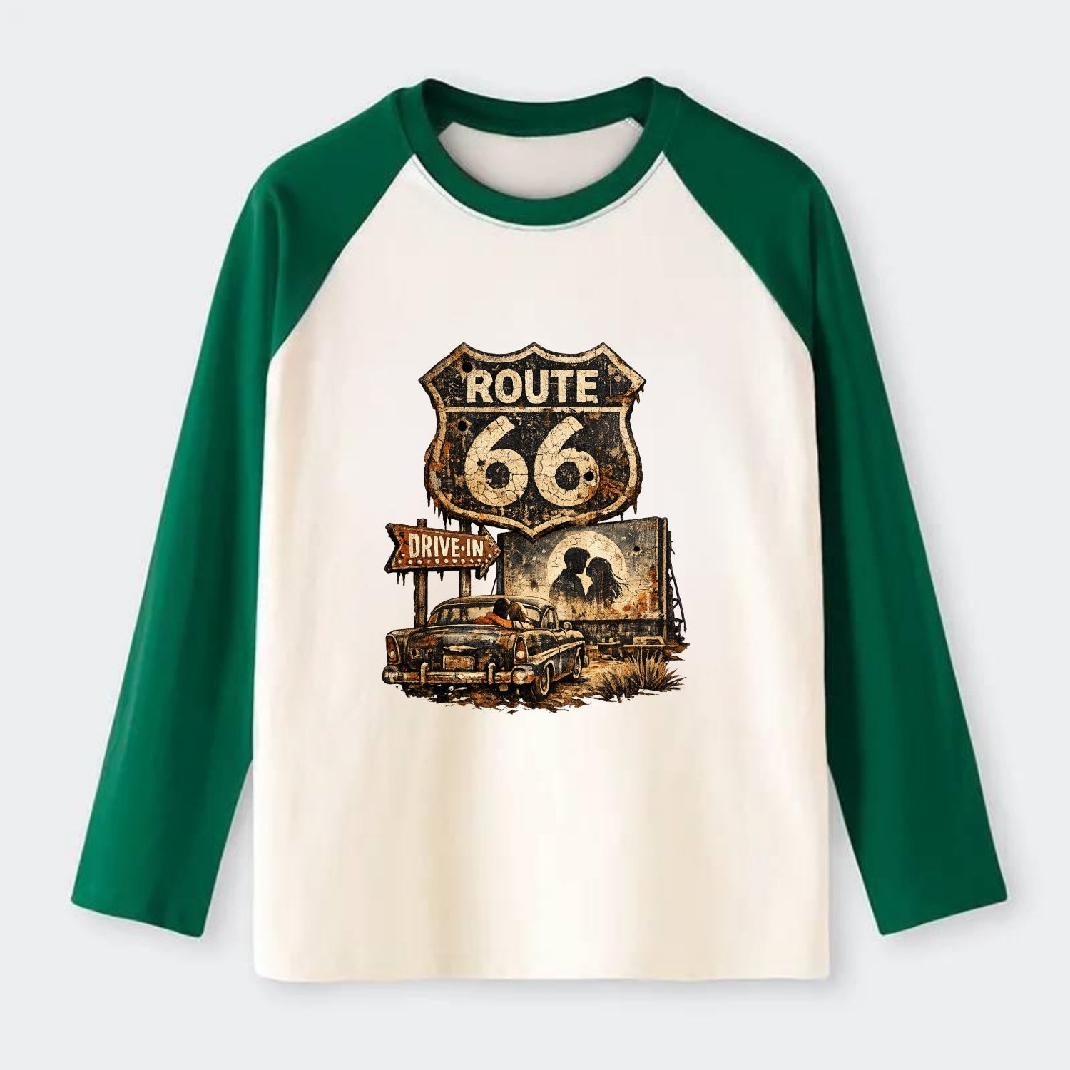 DRIVE-IN | Classic car at drive-in theater | Movie night romance | - Raglan Long Sleeve T-Shirt - Green