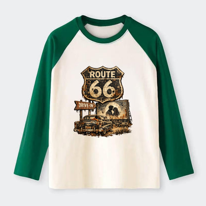 DRIVE-IN | Classic car at drive-in theater | Movie night romance | - Raglan Long Sleeve T-Shirt - Green