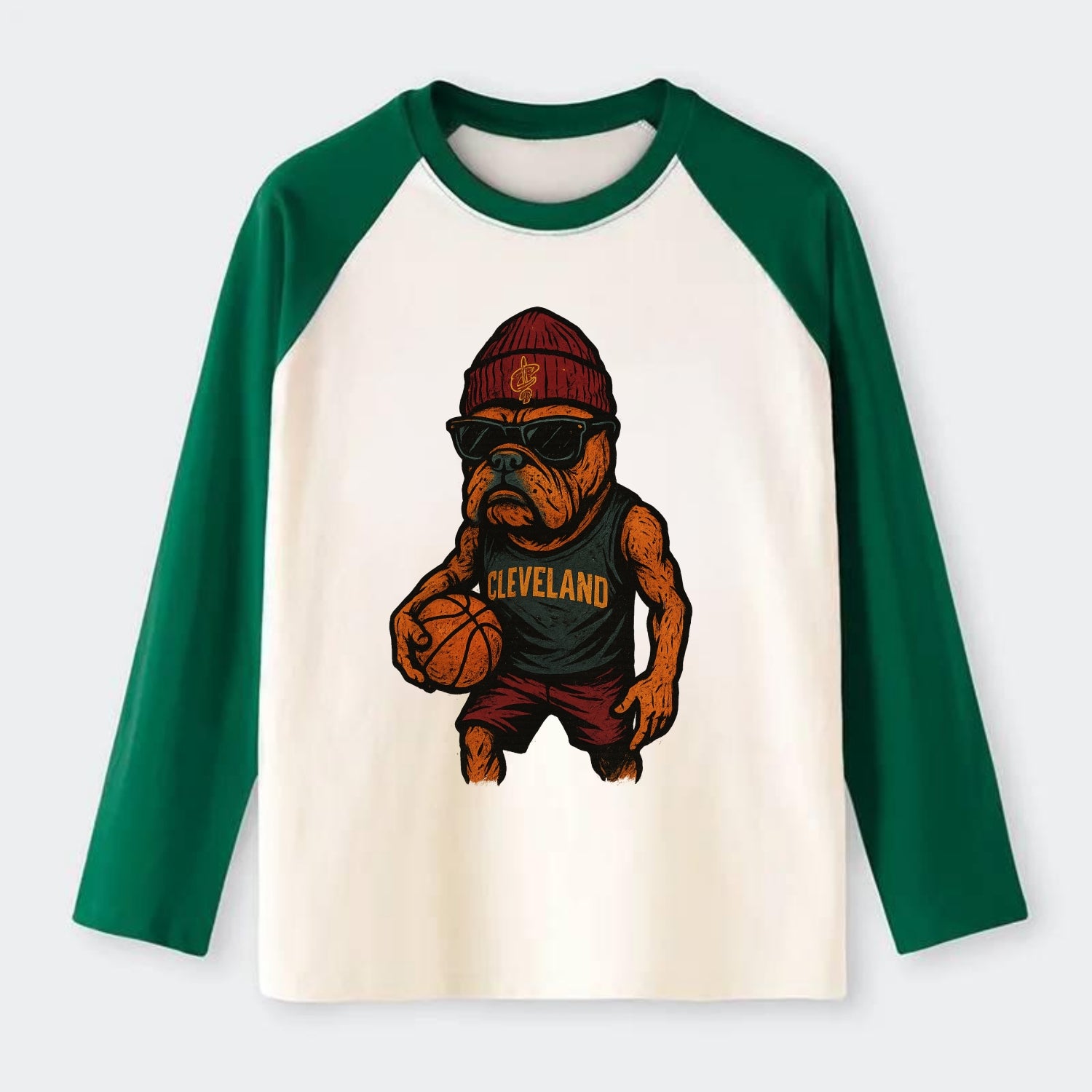 Cleveland Bulldog wearing Cavaliers wine and gold beanie with sword - Raglan Long Sleeve T-Shirt - Green