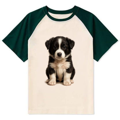 Baby Border Collie Puppy - black and white, intense smart eyes, athletic - Contrast Raglan T-shirt - Green