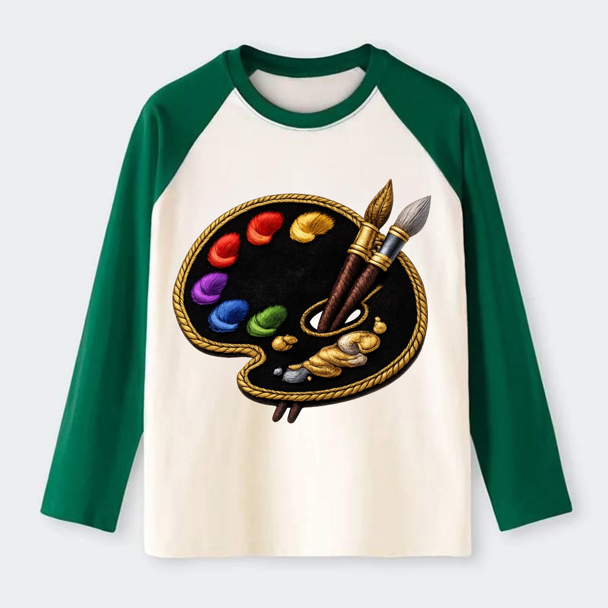 PAINT PALETTE - artist palette with brushes in rainbow and brown , - Raglan Long Sleeve T-Shirt - Green