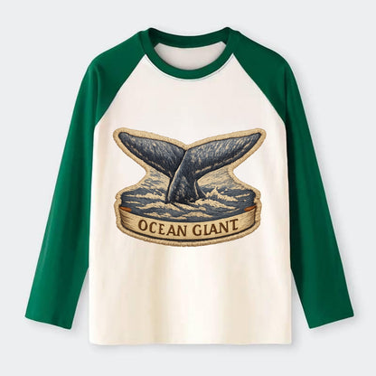 WHALE TAIL - diving whale in blue and gray , ocean giant - Raglan Long Sleeve T-Shirt - Green