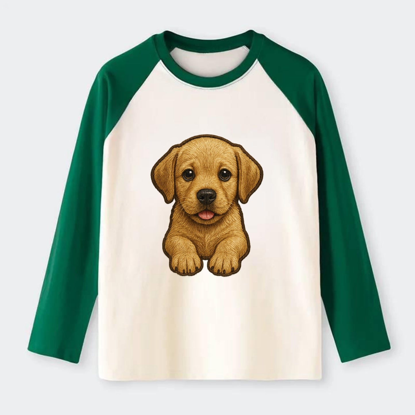 Baby Labrador Retriever Puppy - yellow/black/chocolate, soulful eyes, - Raglan Long Sleeve T-Shirt - Green
