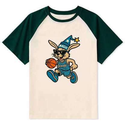 Orlando Rabbit wearing Magic blue and silver beanie with wizard hat and - Contrast Raglan T-shirt - Green