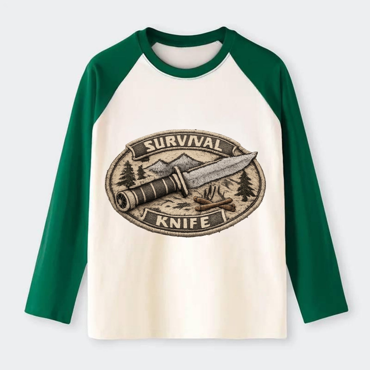SURVIVAL KNIFE - fixed blade with compass in silver and black , - Raglan Long Sleeve T-Shirt - Green