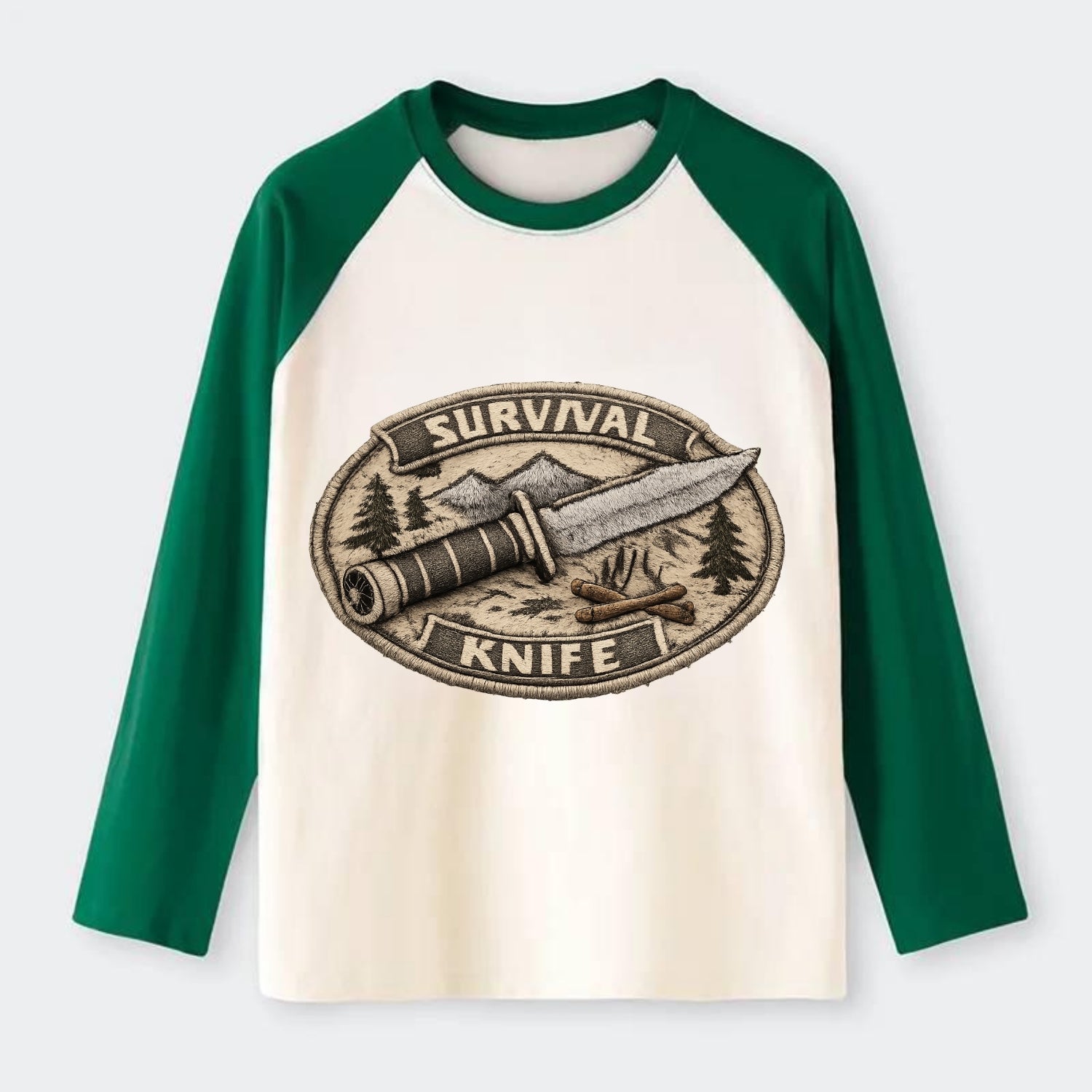 SURVIVAL KNIFE - fixed blade with compass in silver and black , - Raglan Long Sleeve T-Shirt - Green