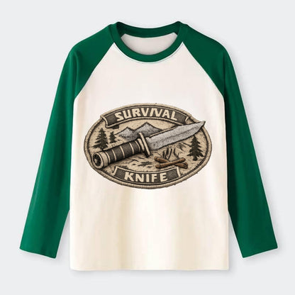 SURVIVAL KNIFE - fixed blade with compass in silver and black , - Raglan Long Sleeve T-Shirt - Green