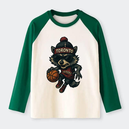 Toronto Raccoon wearing Raptors beanie with CN Tower patch and - Raglan Long Sleeve T-Shirt - Green
