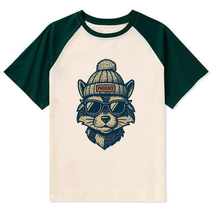 Arizona Ringtail wearing Phoenix beanie with pom pom and wayfarer - Contrast Raglan T-shirt - Green