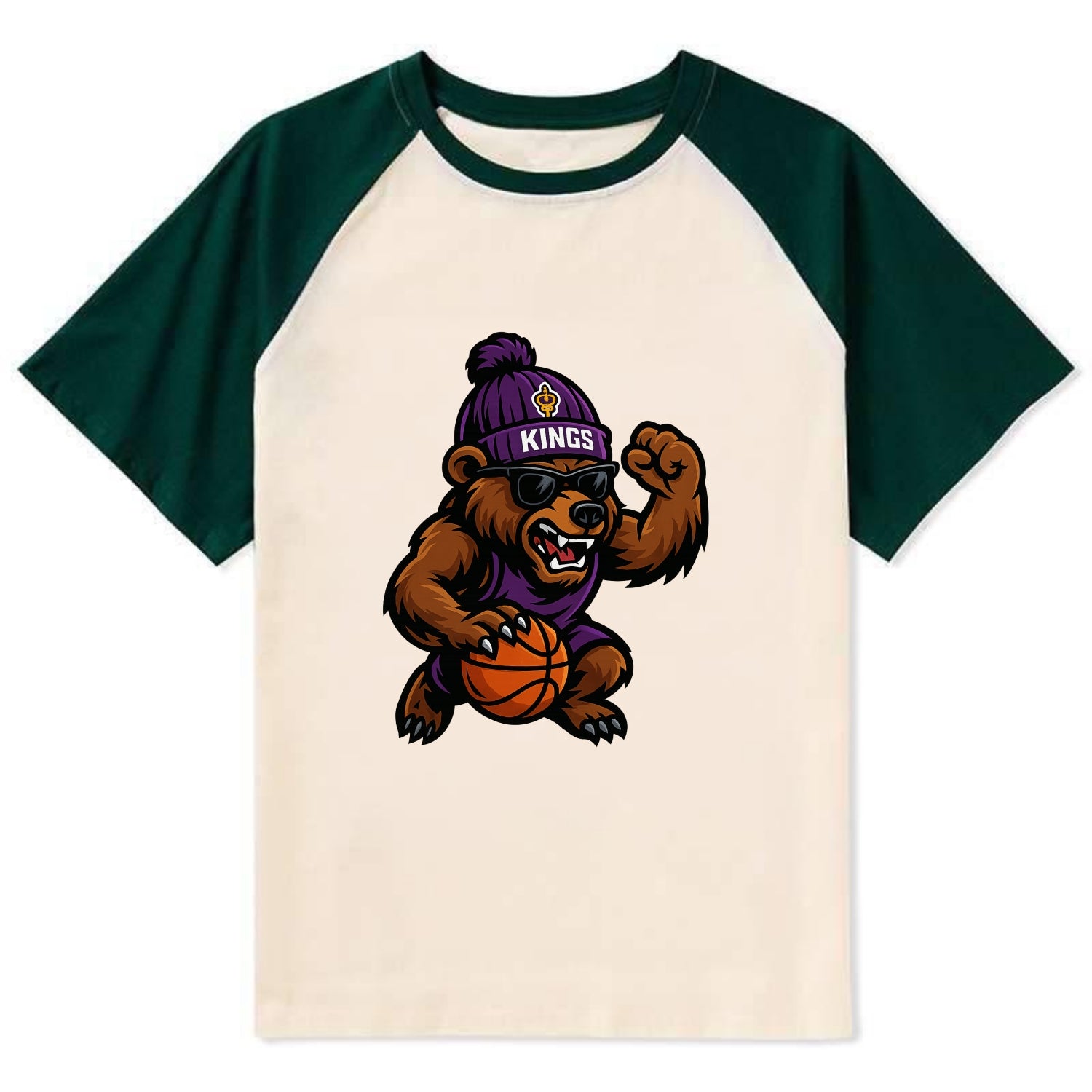 California Grizzly wearing Kings beanie with royal scepter patch and - Contrast Raglan T-shirt - Green