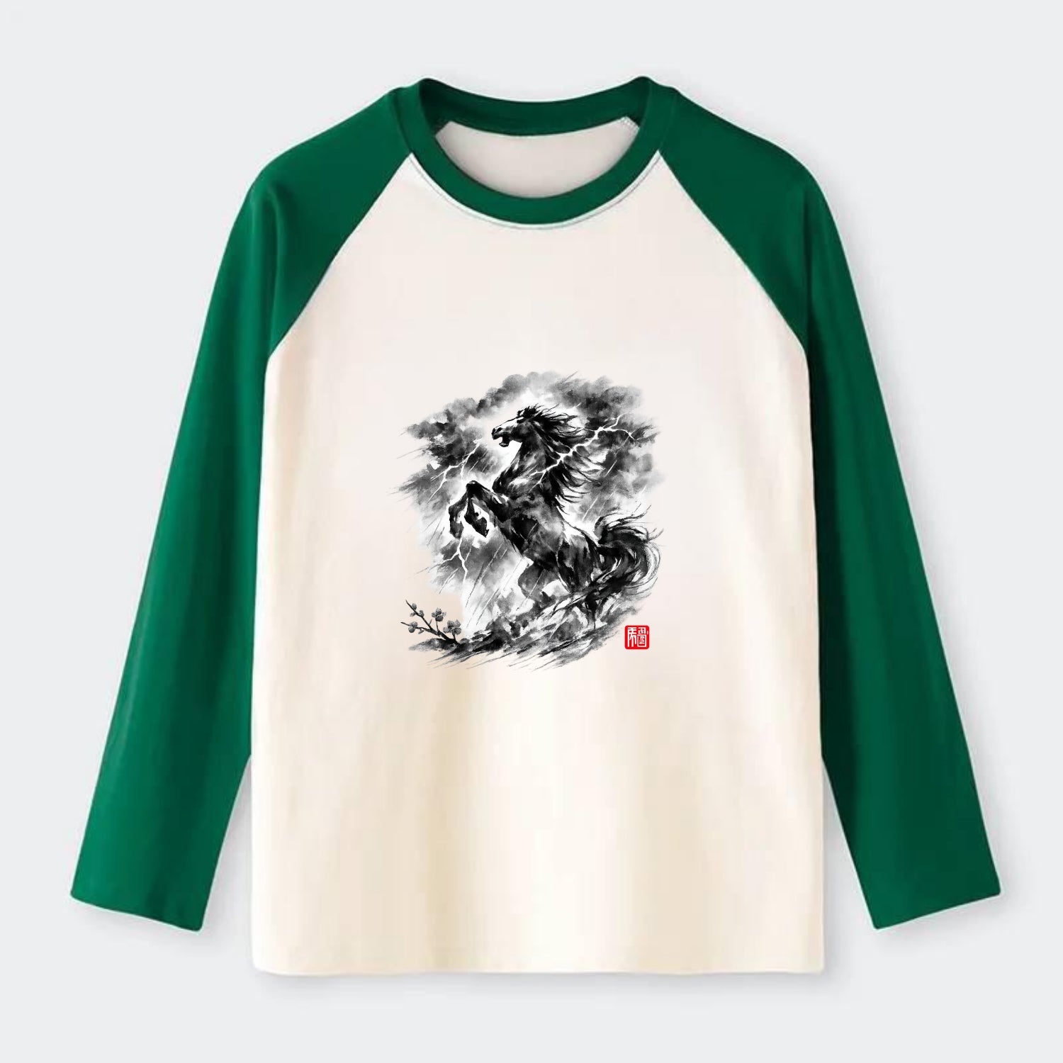 THUNDER HORSE | Storm horse with lightning elements | Dramatic storm - Raglan Long Sleeve T-Shirt - Green