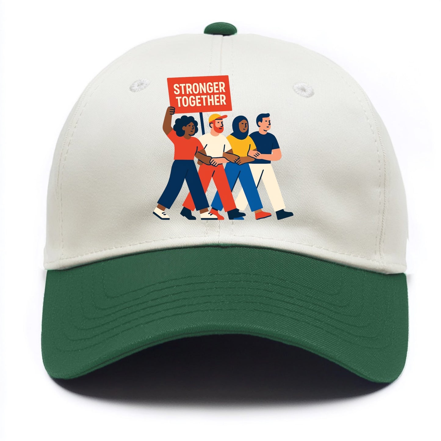 Peaceful protesters marching with linked arms - "Stronger Together" - solidarity - Two Tone Cap - Green