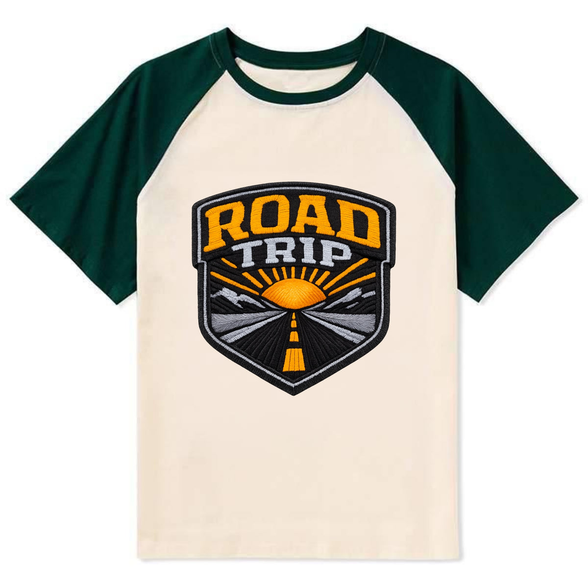 ROAD TRIP - highway and sun in orange and gray , open road - Contrast Raglan T-shirt - Green