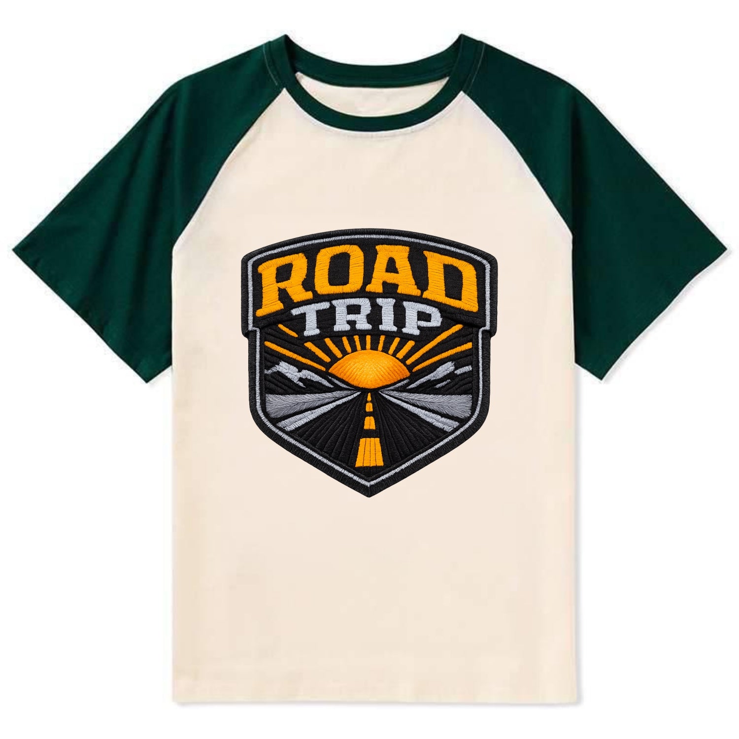 ROAD TRIP - highway and sun in orange and gray , open road - Contrast Raglan T-shirt - Green