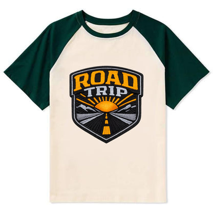 ROAD TRIP - highway and sun in orange and gray , open road - Contrast Raglan T-shirt - Green