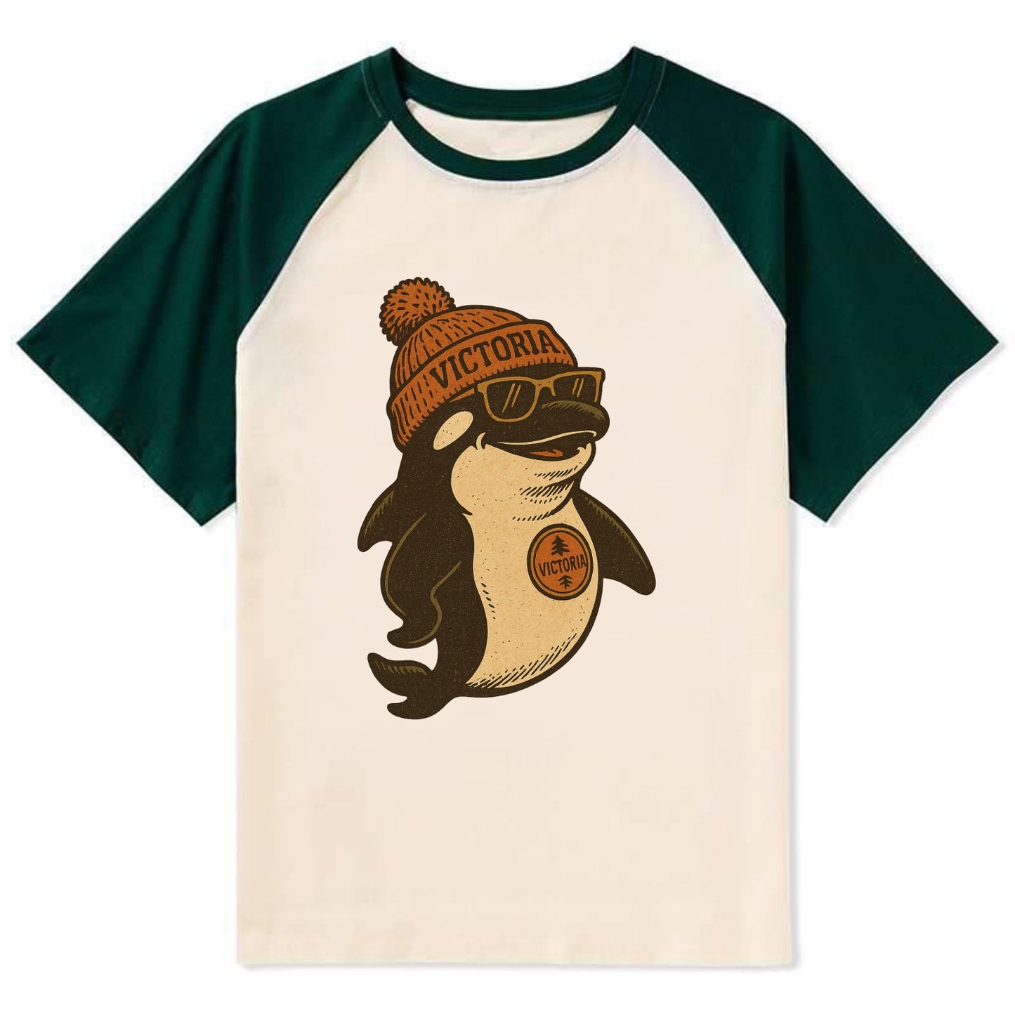 Victoria Orca wearing Victoria beanie with pom pom and wayfarer sunglasses - Contrast Raglan T-shirt - Green