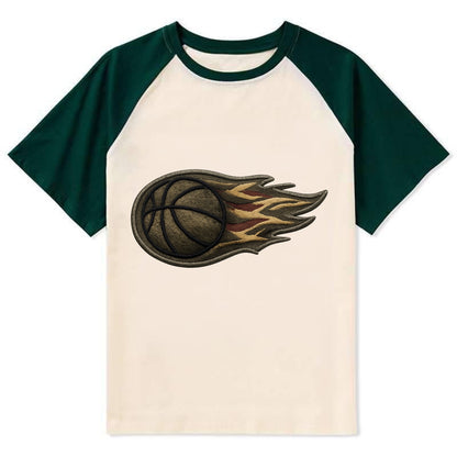 Embroidered patch design - BASKETBALL FLAMING BALL - basketball with - Contrast Raglan T-shirt - Green