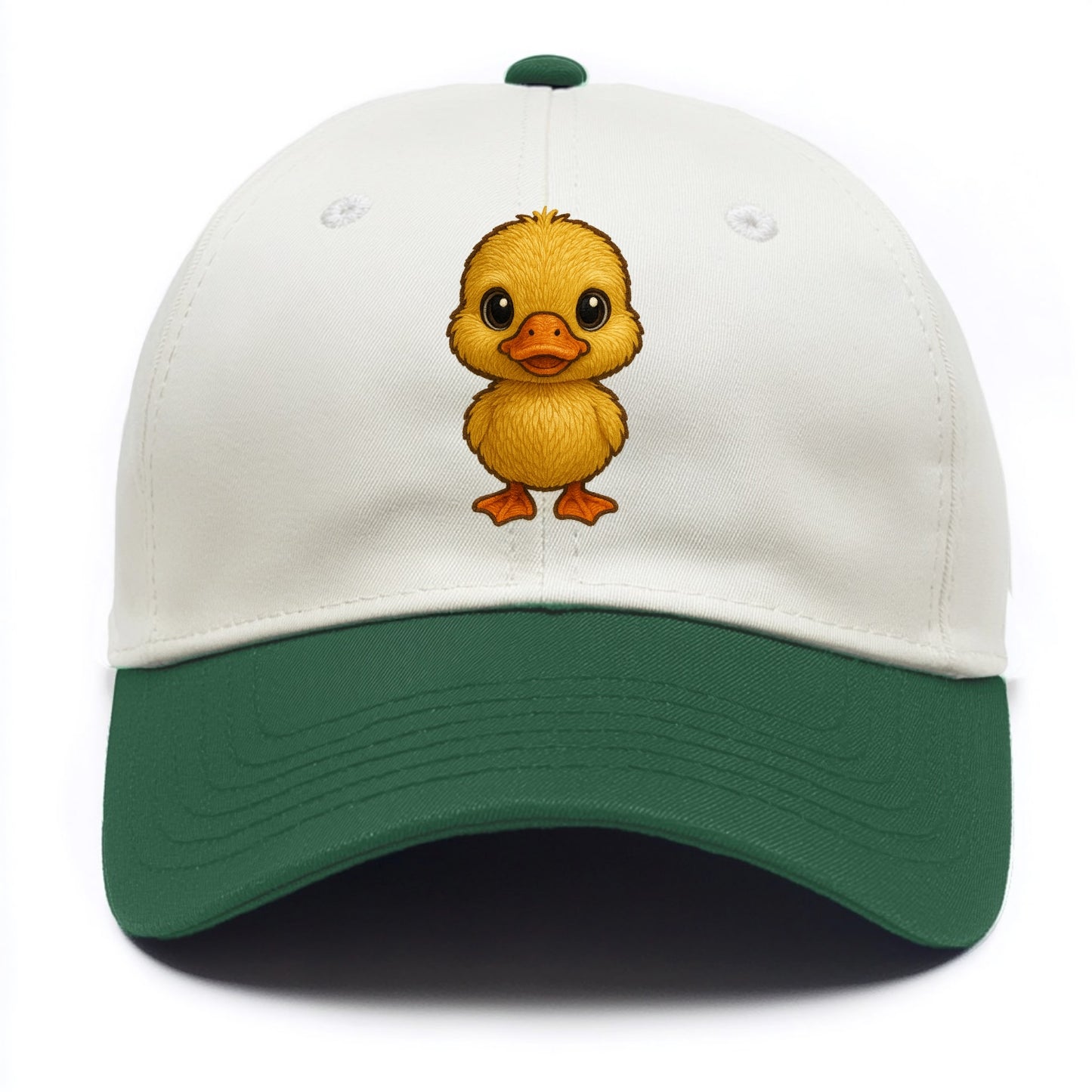 Baby Duck Duckling - yellow fluffy, orange beak, bright eyes, front-facing, quack - Two Tone Cap - Green