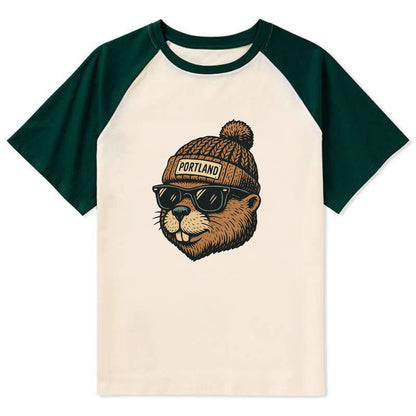 Portland Beaver wearing Portland beanie with pom pom and wayfarer - Contrast Raglan T-shirt - Green