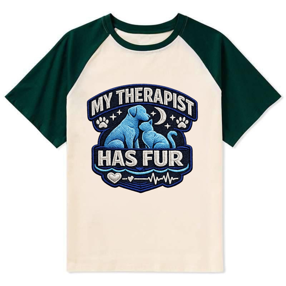 MY THERAPIST HAS FUR - pet silhouette in calming blue , emotional support - Contrast Raglan T-shirt - Green