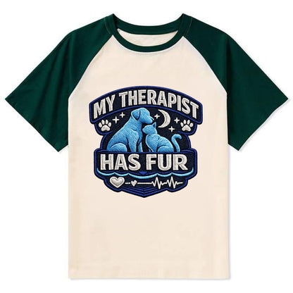 MY THERAPIST HAS FUR - pet silhouette in calming blue , emotional support - Contrast Raglan T-shirt - Green