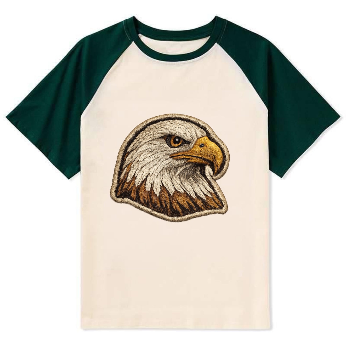 EAGLE HEAD PROFILE - majestic bald eagle in brown, white and gold , - Contrast Raglan T-shirt - Green