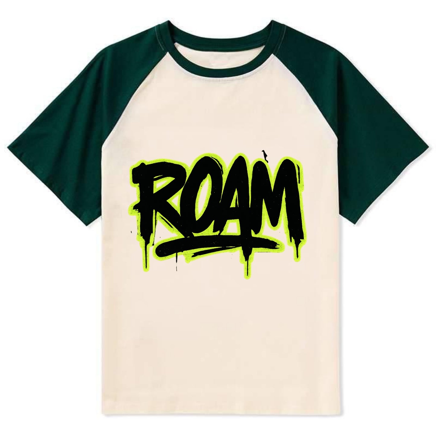 Bold typography design - "ROAM" - wander freely, no destination needed - Contrast Raglan T-shirt - Green