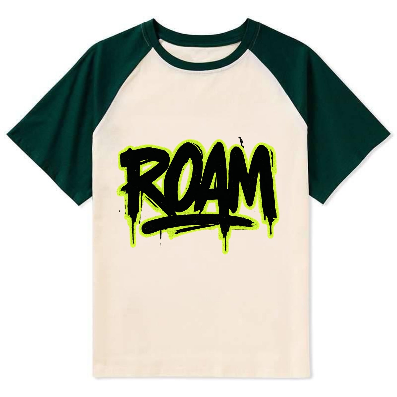 Bold typography design - "ROAM" - wander freely, no destination needed - Contrast Raglan T-shirt - Green
