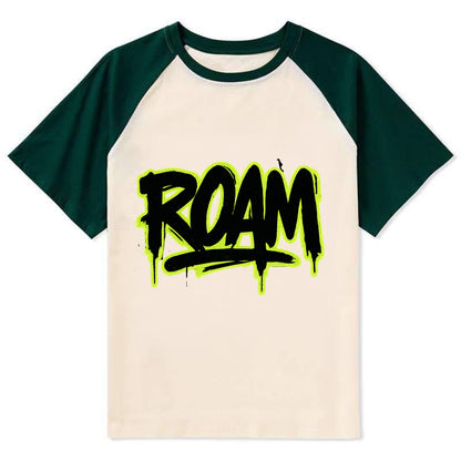 Bold typography design - "ROAM" - wander freely, no destination needed - Contrast Raglan T-shirt - Green