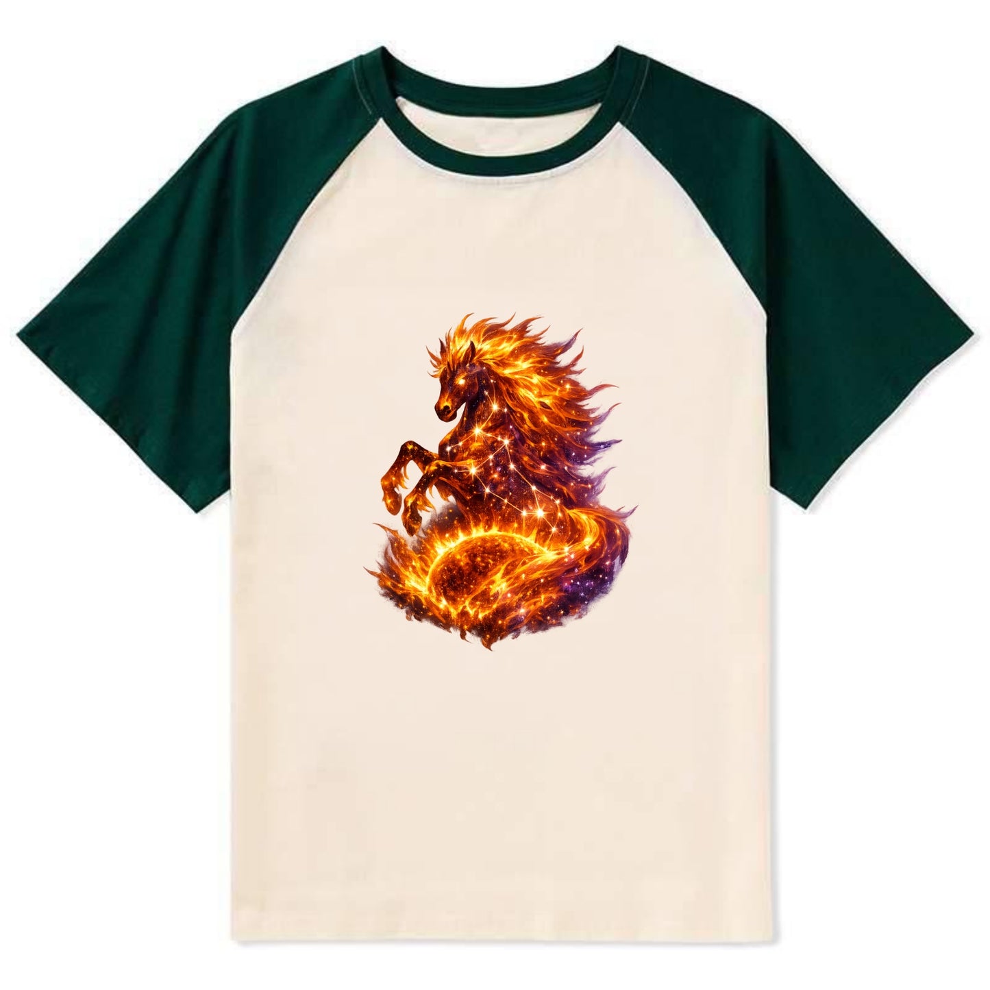 SOLAR FLARE | Horse emerging from the sun | Solar corona mane | Star - Contrast Raglan T-shirt - Green