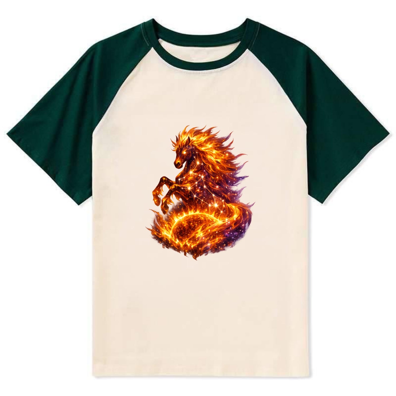 SOLAR FLARE | Horse emerging from the sun | Solar corona mane | Star - Contrast Raglan T-shirt - Green
