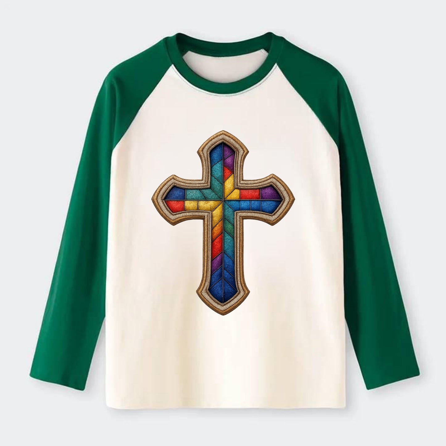 Stained Glass Cross  - Raglan Long Sleeve T-Shirt - Green
