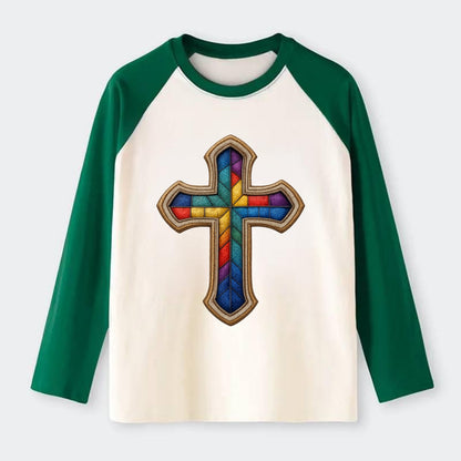 Stained Glass Cross  - Raglan Long Sleeve T-Shirt - Green