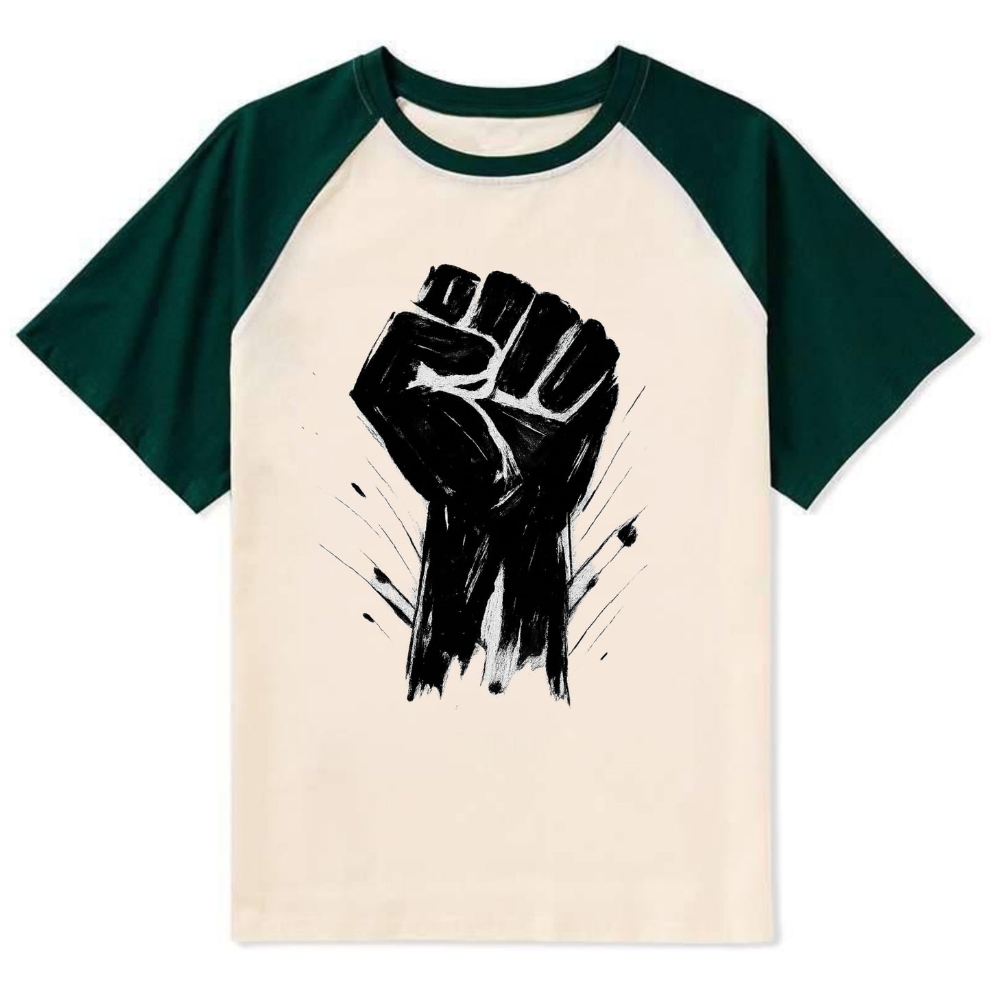Raised fist in bold black ink brushstrokes - symbol of solidarity and - Contrast Raglan T-shirt - Green