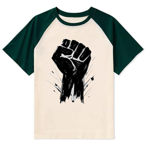 Raised fist in bold black ink brushstrokes - symbol of solidarity and - Contrast Raglan T-shirt