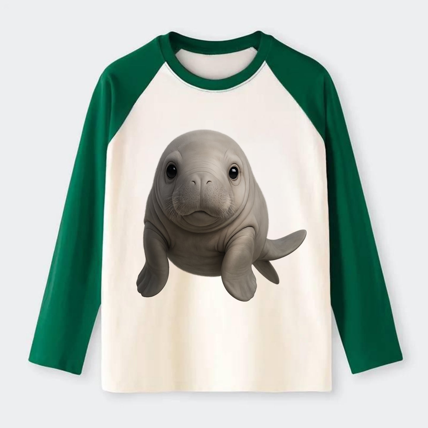 Baby Dugong - gray with paddle tail, gentle expression, whiskers, - Raglan Long Sleeve T-Shirt - Green
