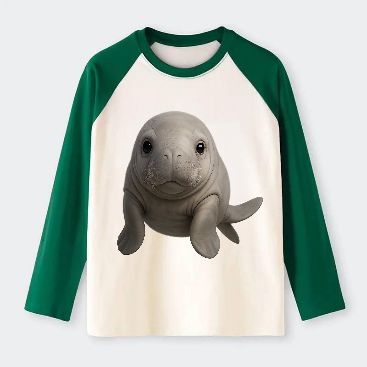 Baby Dugong - gray with paddle tail, gentle expression, whiskers, - Raglan Long Sleeve T-Shirt - Green