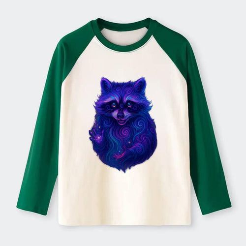 Playful raccoon with mask swirling in hypnotic patterns, neon purple - Raglan Long Sleeve T-Shirt