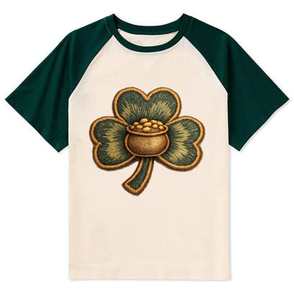 ST PATRICKS CLOVER - lucky clover with gold in green and gold , Irish luck - Contrast Raglan T-shirt - Green