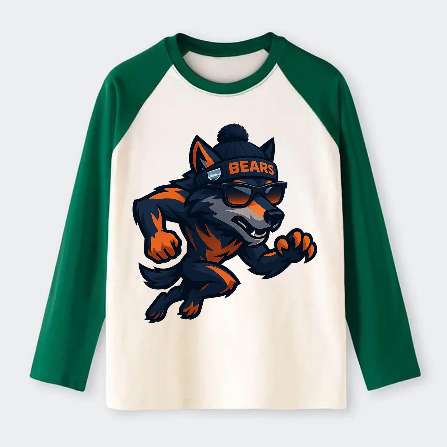Chicago Wolf wearing Bears beanie with Lake Michigan patch and - Raglan Long Sleeve T-Shirt - Green