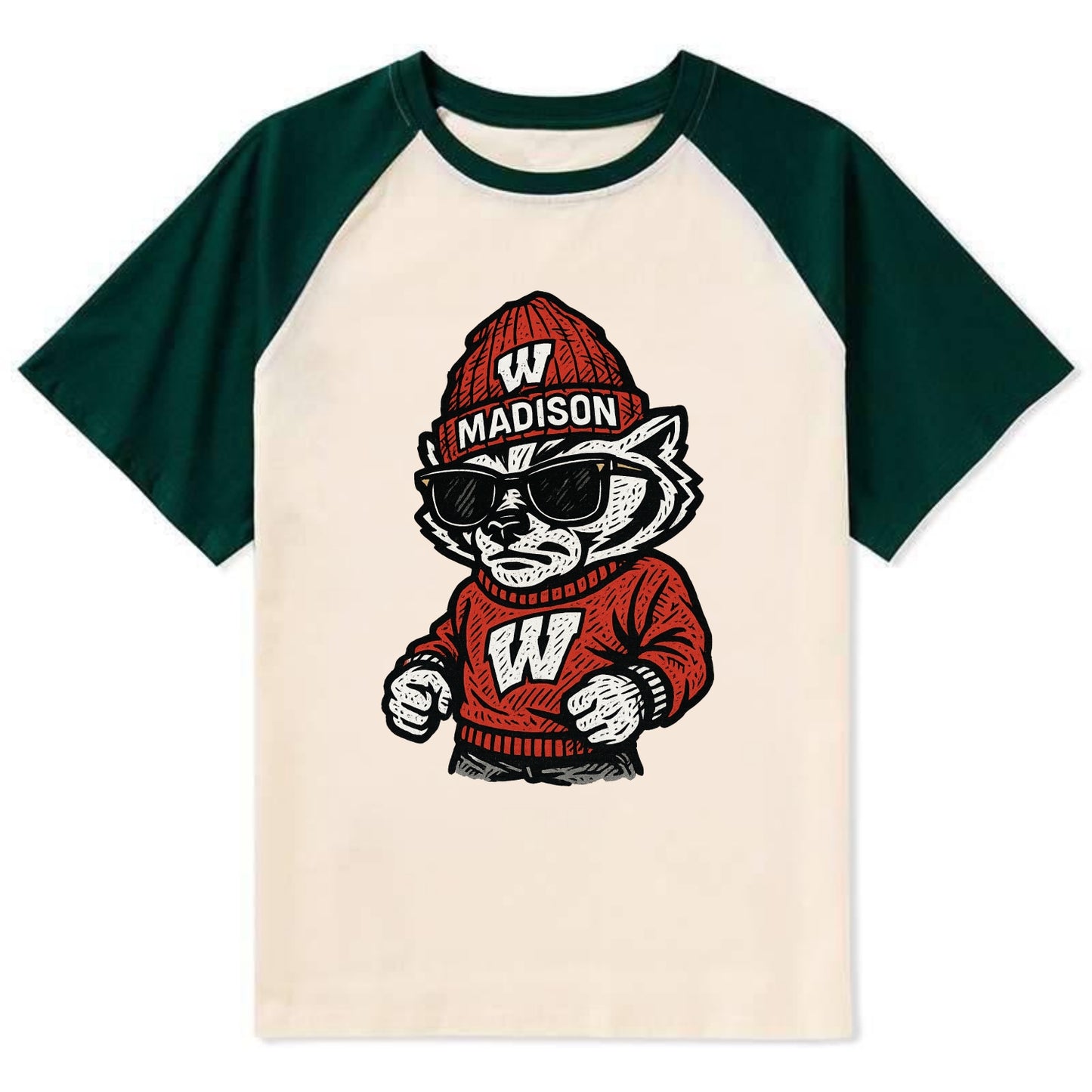 Madison Badger wearing Wisconsin beanie with motion W patch - Contrast Raglan T-shirt - Green