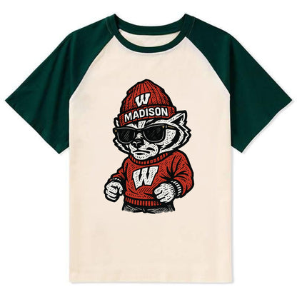 Madison Badger wearing Wisconsin beanie with motion W patch - Contrast Raglan T-shirt - Green