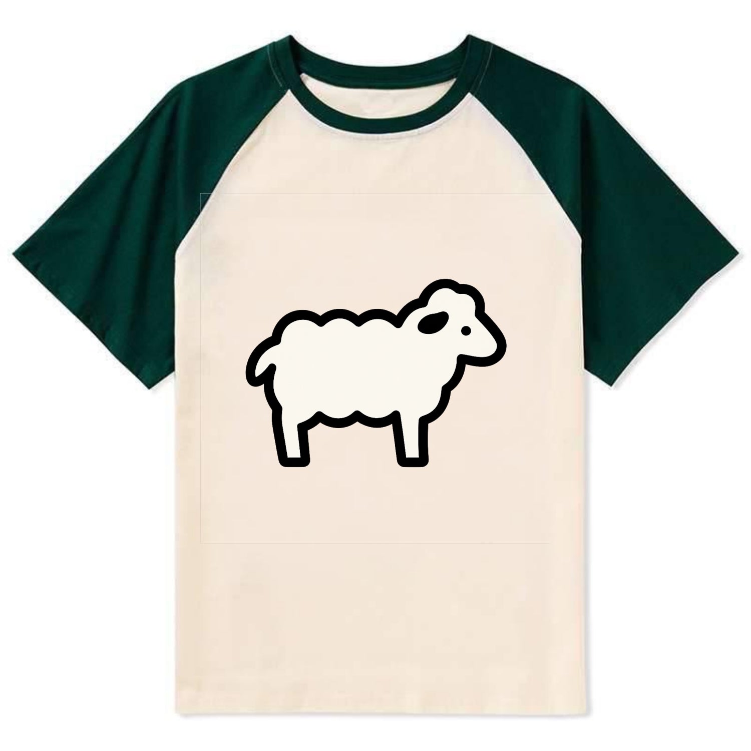Sheep - White fluffy wool flat side profile - Contrast Raglan T-shirt - Green